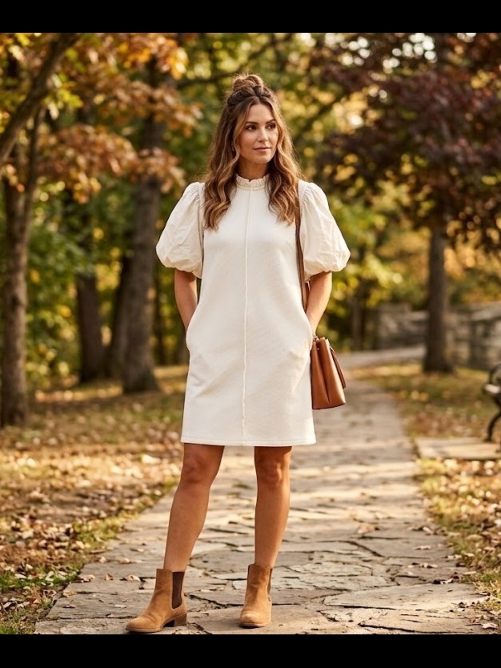 THML Cream Puff-Sleeve Mini Shift Dress